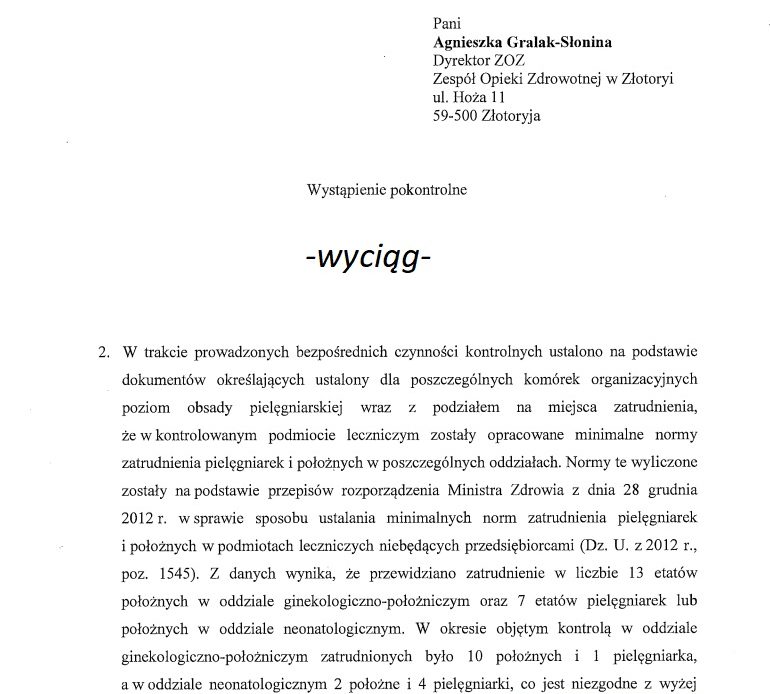 WAŻNE!!! Zobacz co stwierdziła kontrola Wojewody Dolnośląskiego w zakresie norm zatrudniania pielęgniarek i położnych, w szpitalu, który chce w przyszłym tygodniu zwolnić pielęgniarkę (zarzut zniesławienia), która przekazała do publicznej wiadomości informację na temat poziomu udzielania świadczeń zdrowotnych.