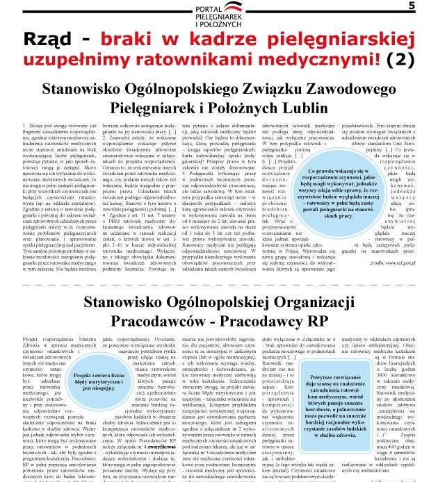 Kwietniowe wydanie Miesięcznika Ogólnopolskiej Gazety Pielęgniarek i Położnych – Co prawda wskazuje się w rozporządzeniu czynności, jakie będą mogli wykonywać, jednakże wszyscy zdają sobie sprawę, że rzeczywistość będzie wyglądała inaczej – ratownicy w pełni będą zastępowali pielęgniarki na stanowiskach pracy.