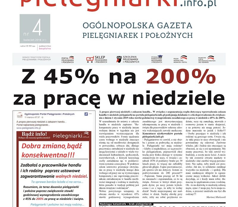 À propos pierwszej niedzieli z zakazem handlu… W związku z argumentacją rządu dotyczącą wprowadzenia zakazu handlu w niedziele pielęgniarki na portalu pielegniarki.info.pl podejmują działania w celu doprowadzenia do zwiększenia z dniem 1 stycznia 2019 roku stawki godzinowej wynagrodzenia zasadniczego za pracę w niedziele z 45% do 200%.