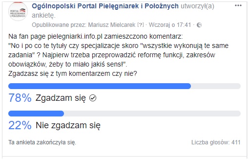 W jednodniowej sondzie na pielegniarki.info.pl wzięło udział ponad czterysta osób – "No i po co te tytuły czy specjalizacje skoro "wszystkie wykonują te same zadania" ? Najpierw trzeba przeprowadzić reformę funkcji, zakresów obowiązków, żeby to miało jakiś sens!". Zgadzasz się z tym komentarzem czy nie?