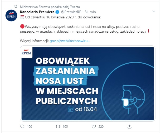 Od 16 kwietnia obowiązek zasłaniania twarzy.