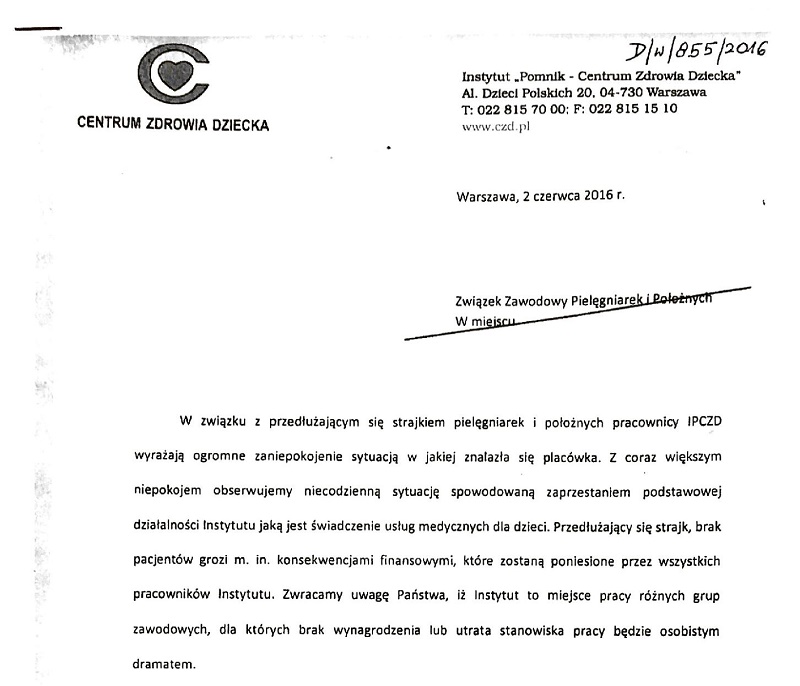 359 osób podpisało list do strajkujących pielęgniarek w CZD. Autorami są "pracownicy IPCZD".