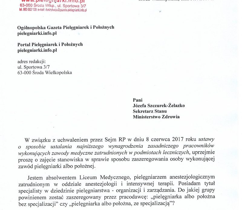 Trzecie pismo redakcji portalu pielęgniarek i położnych do wiceministra zdrowia pani Józefy Szczurek- Żelazko.