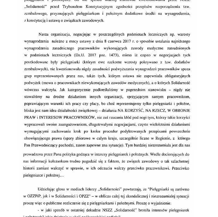 List otwarty Ogólnopolskiego Związku Zawodowego Pielęgniarek i Położnych do Przewodniczącego NSZZ ‘Solidarność’ Piotra Dudy w sprawie krzywdzących i uderzających w godność pielęgniarek i położnych wypowiedzi i działań dotyczących porozumienia z dnia 9 lipca.