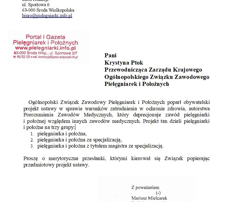 Pismo redakcji portalu do związku zawodowego pielęgniarek i położnych.