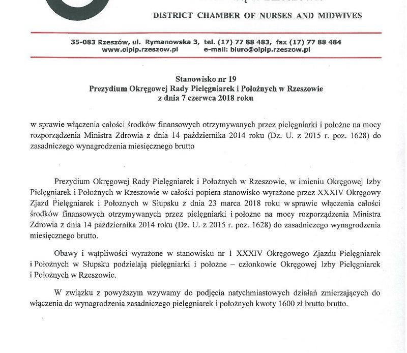 Uchwała organu izby pielęgniarek i położnych z dnia 7 czerwca 2018 roku w sprawie dodatków brutto brutto.