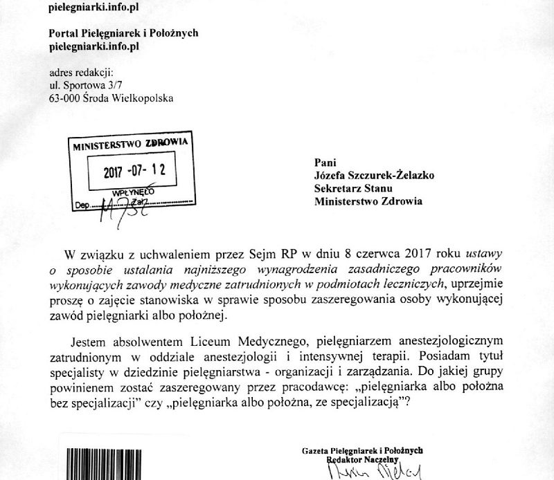 Zobacz odpowiedź na drugie pismo redakcji portalu do ministerstwa zdrowia w sprawie nowej ustawy o wynagrodzeniach w ochronie zdrowia. Pytaliśmy o zajęcie stanowiska w sprawie sposobu zaszeregowania "pielęgniarki  ze specjalizacją".