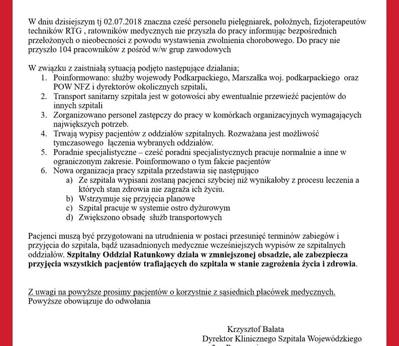 Do grona szpitala z pielęgniarkami na zwolnieniach w dniu dzisiejszym po Tarnobrzegu (szpital powiatowy) dołączył kolejny szpital. Tym razem kliniczny! Dyrekcja na pomoc wezwała ratowników. 35 zł za godz. Odmówili? NIE!