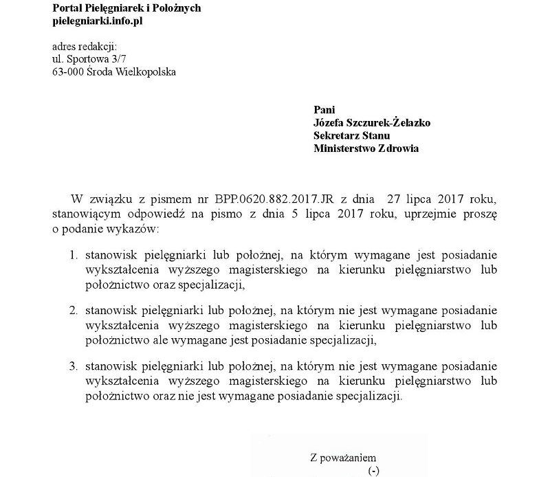 Pytanie redakcji portalu do wiceministra zdrowia (pielęgniarki) w sprawie trzech wykazów stanowisk pielęgniarki i położnej.