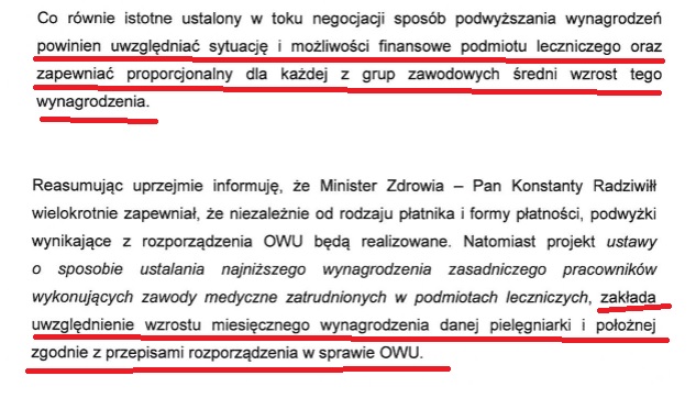 Coś kręci minister Radziwiłł. Związek pip pisze pismo do Radziwiłła w sprawie dodatków brutto brutto. Ministerstwo odpowiada po dwóch miesiącach, kiedy już trwa strajk pielęgniarek w Staszowie. Nie odpowiada Radziwiłł, ale wiceminister (z wykształcenia pielęgniarka).