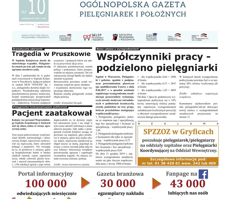 Październikowe (2017) wydanie miesięcznika branżowego Ogólnopolska Gazeta Pielęgniarek i Położnych – pielegniarki.info.pl